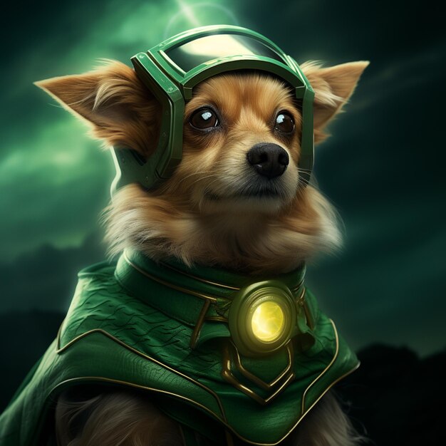 Photo arafed dog wearing a green costume with a glowing light on his head generative ai