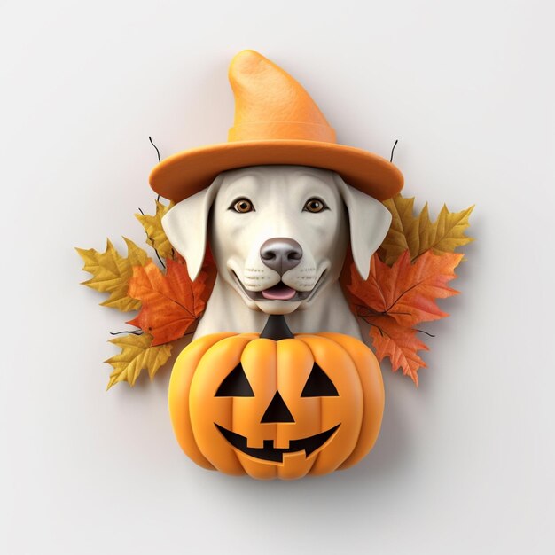 Arafed dog wearing a hat and pumpkin costume with leaves generative ai