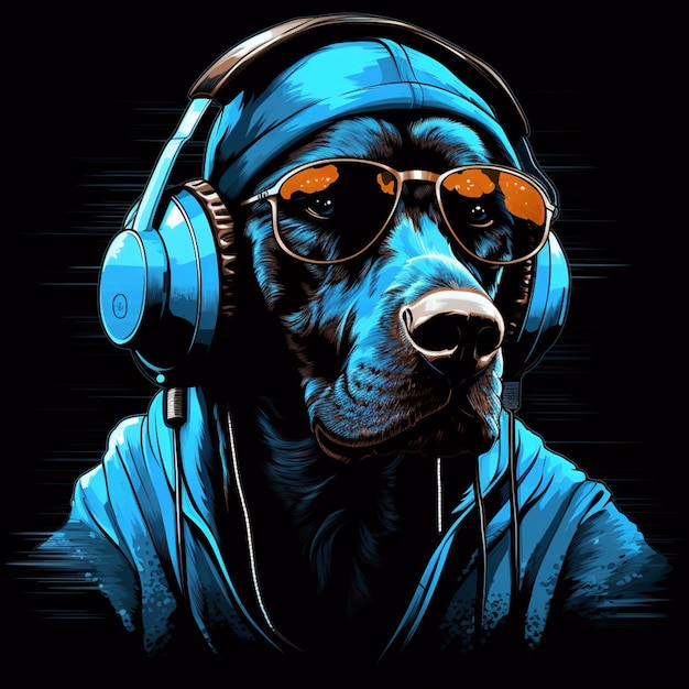 Photo arafed dog wearing headphones and sunglasses with a blue scarf generative ai