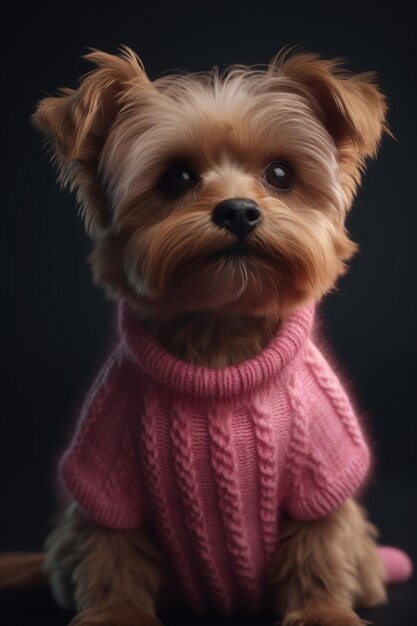 검은색 표면에 앉아 있는 분홍색 스웨터를 입은 은 개