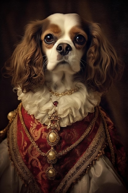 Foto cane arafed indossando un vestito rosso e dorato con una collana dorata generativo ai