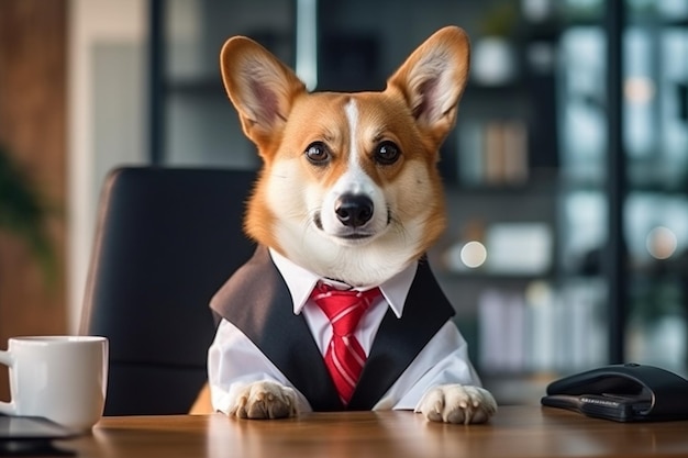 Arafed dog wearing a suit and tie sitting at a desk generative ai