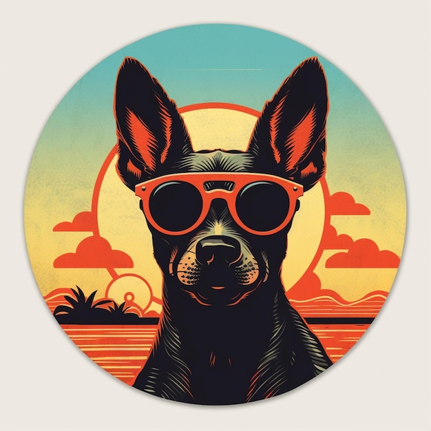 Arafed dog wearing sunglasses on a beach with a sunset in the background generative ai