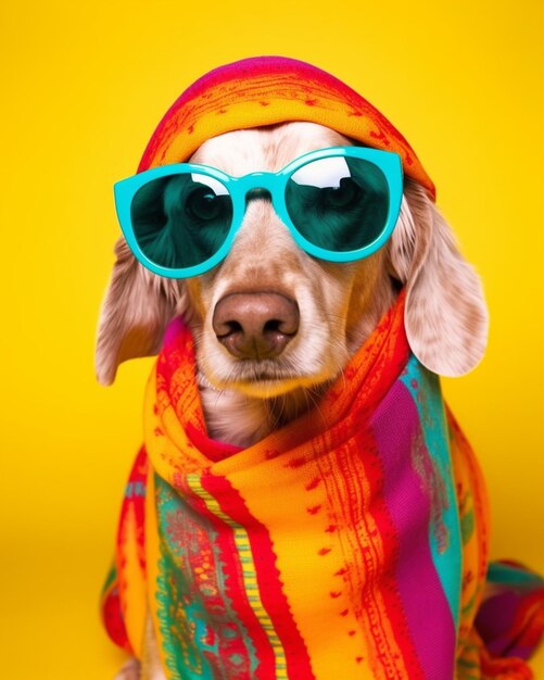 Arafed dog wearing sunglasses and a scarf on a yellow background generative ai