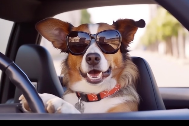 arafed dog wearing sunglasses sitting in a car with steering wheel generative ai