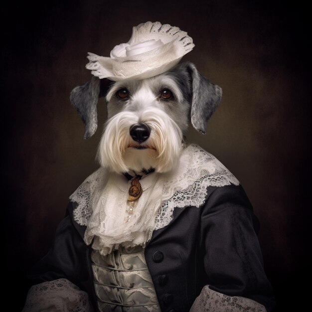 arafed dog wearing a white hat and dress with a black background generative ai