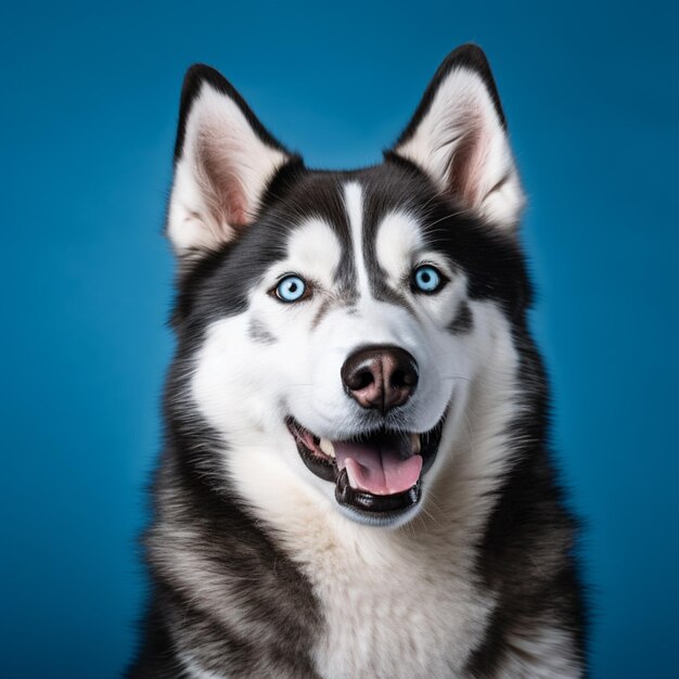 Arafed dog with blue eyes and a smile on a blue background generative ai