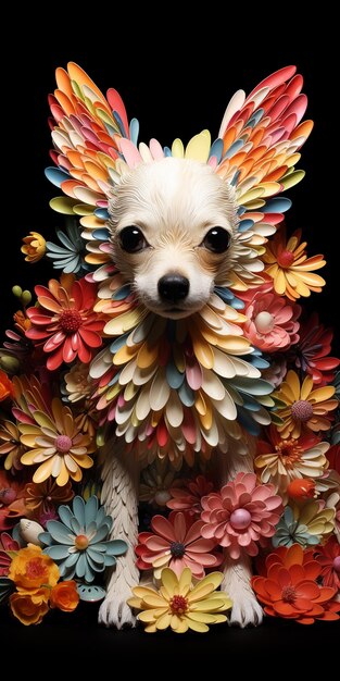 Arafed dog with colorful wings and flowers on its head generative ai