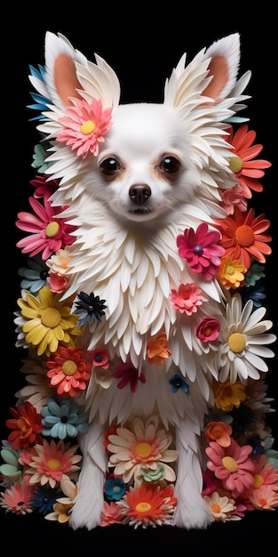 Арафидная собака с цветами в волосах сидит на черной поверхности.