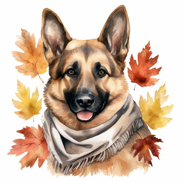 Photo arafed dog with a scarf and autumn leaves around it generative ai