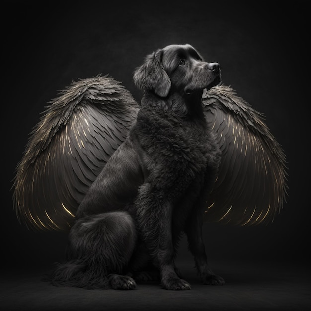 arafed dog with wings on a black background with a dark background generative ai