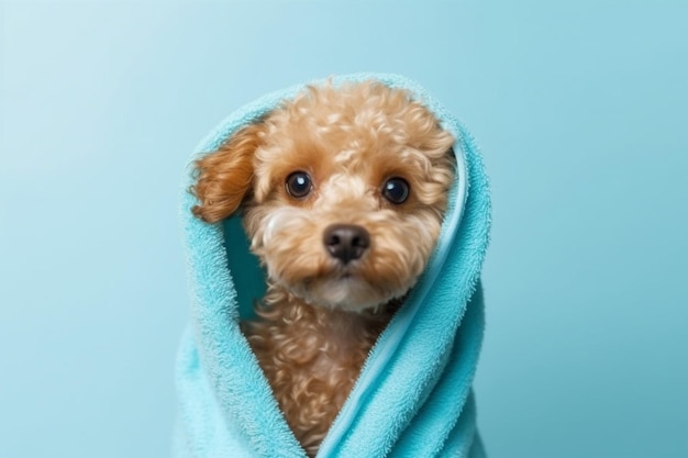 arafed dog wrapped in a towel on a blue background generative ai