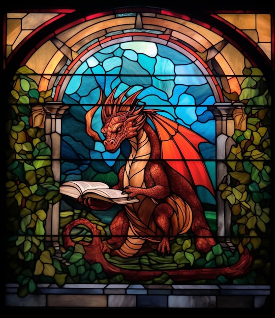 Arafed-draak die een boek leest voor een generatieve ai van een glas-in-loodraam