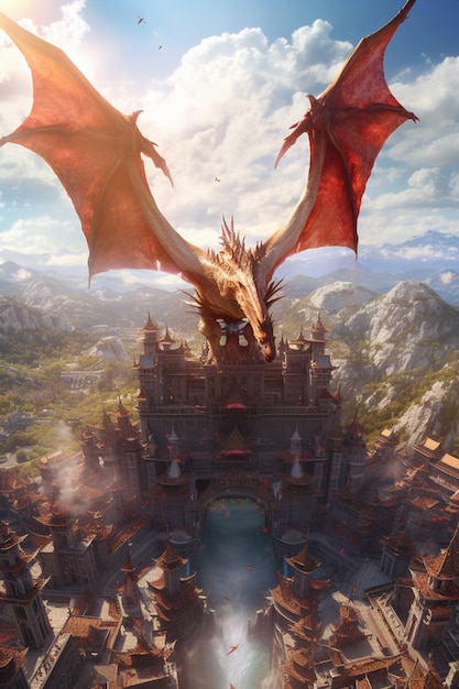 Arafed dragon flying over a city with a castle in the background generative ai