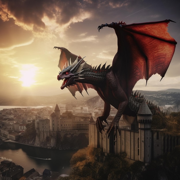 arafed dragon flying over a city with a sunset in the background generative ai