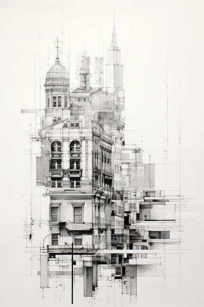 Arafed drawing of a building with a clock tower in the middle generative ai