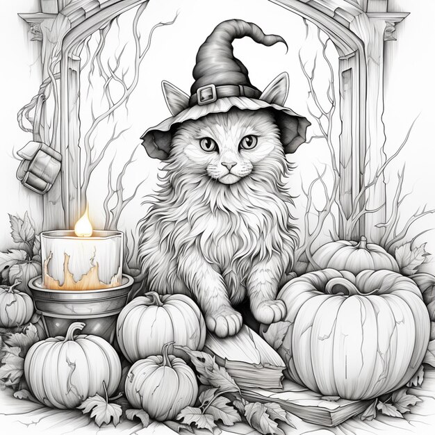 Арафированный рисунок кошки с шляпой ведьмы, сидящей рядом с тыквой