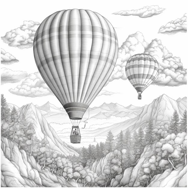 山の上を飛ぶ熱気球の描かれた図