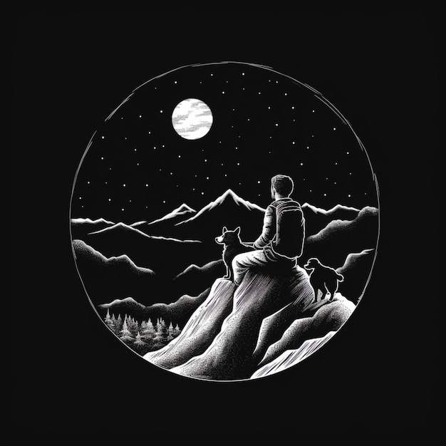 Arafed drawing of a man sitting on a rock looking at the moon generative ai