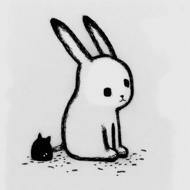 Foto disegno raffigurato di un coniglio e un gatto seduti a terra