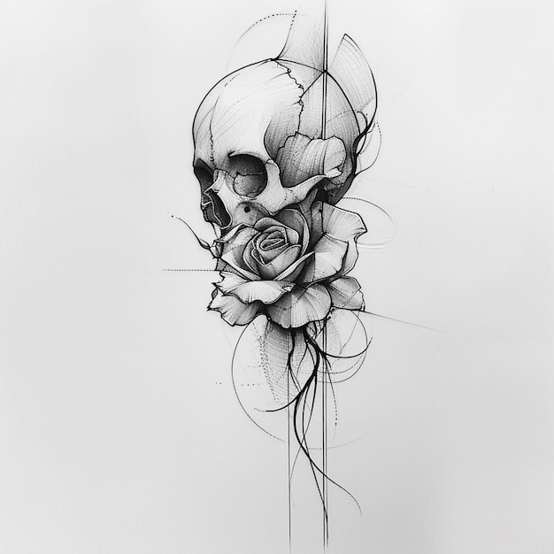 Photo arafed drawing of a skull and a rose on a white background generative ai