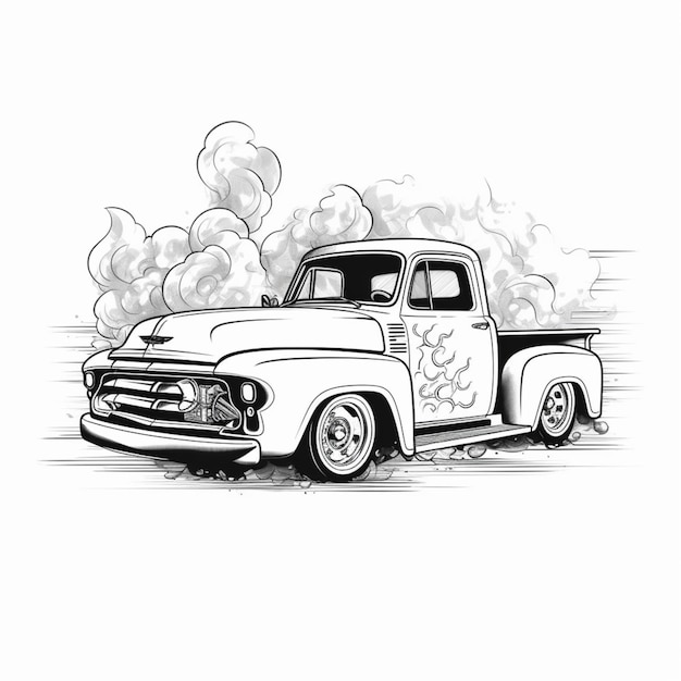 Arafed drawing of a truck with a lot of smoke coming out of the back generative ai