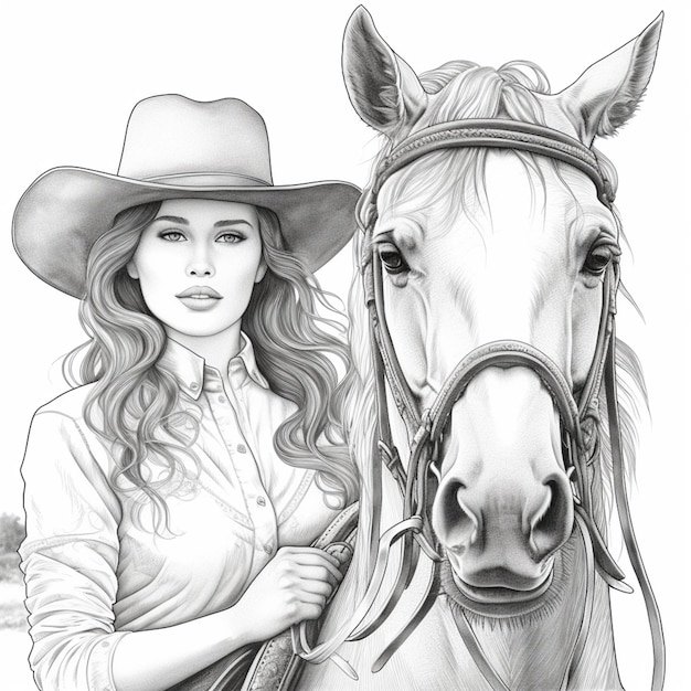 arafed drawing of a woman in a cowboy hat and a horse generative ai