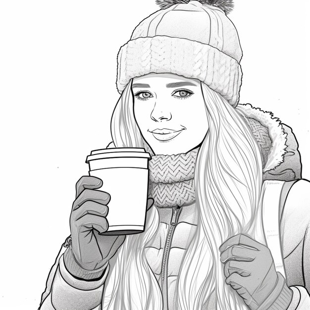 Photo arafed drawing of a woman holding a cup of coffee generative ai