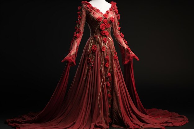 赤い花と薄手の赤いマントが付いたアラフェドのドレス。生成型AI。