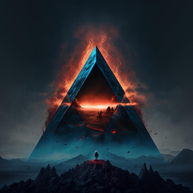 arafed driehoek met een man die op een berg staat met een zonsondergang op de achtergrond generatieve ai