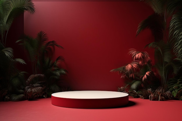 arafed empty round platform in a red room with palm trees generative ai