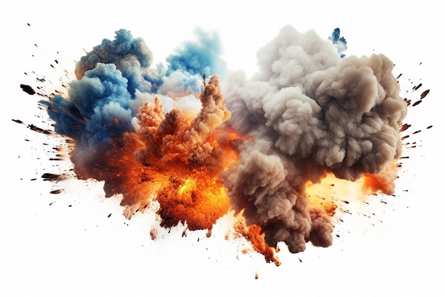 Arafed explosie van rook en vuur op een witte achtergrond generatieve ai