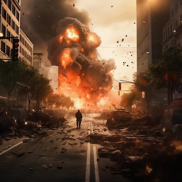 Arafed explosion in a city street with a man walking towards it generative ai