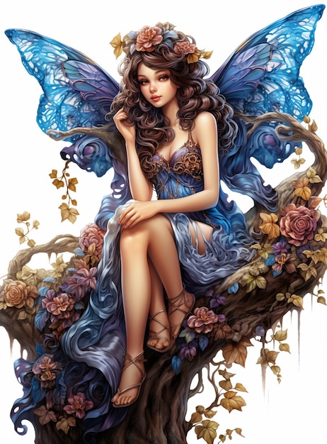 arafed fairy sitting on a tree branch with a butterfly generative ai