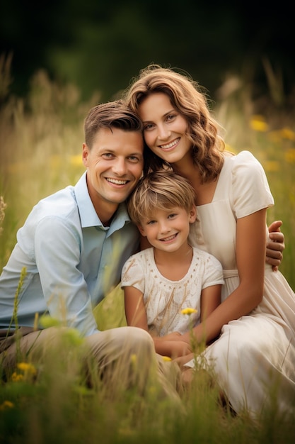 Arafed familie zit in een veld van hoog gras generatieve ai