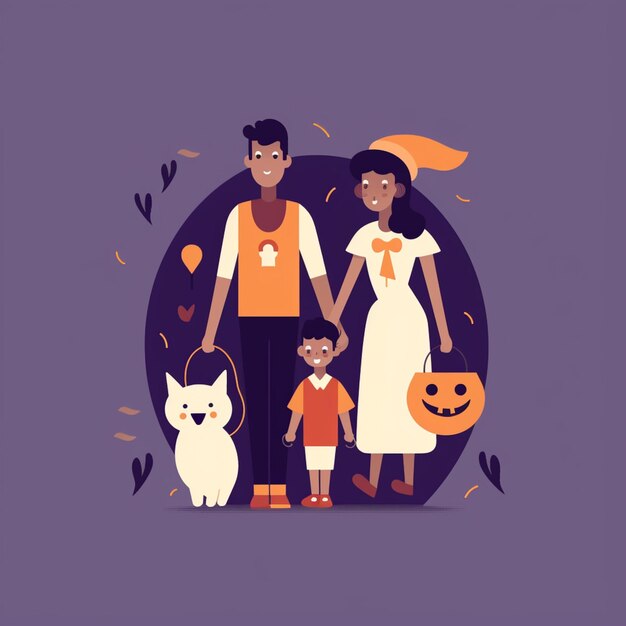Arafed family with a dog and pumpkins in a halloween costume generative ai