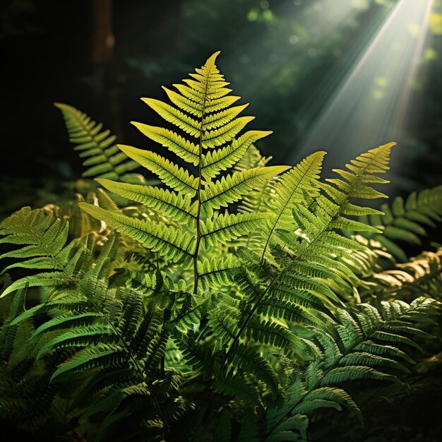 Arafed fern leaves in the sunlight in a forest generative ai