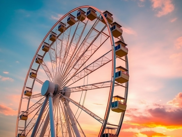 Arafed ferris wheel in front of a sunset sky generative ai