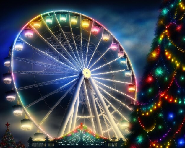 Арафированное колесо обозрения с рождественскими огнями и рождественской елкой на заднем плане