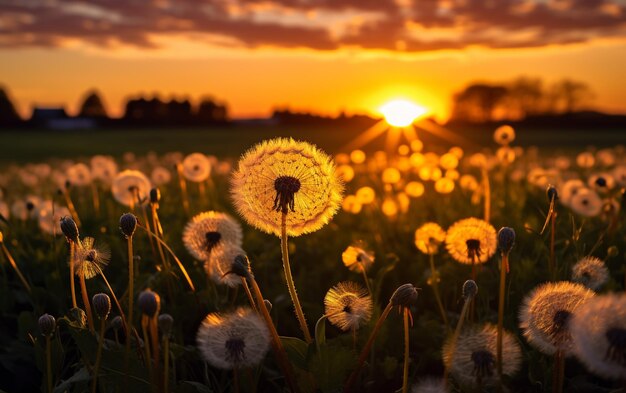 Arafed field of dandelions with the sun setting in the background generative ai