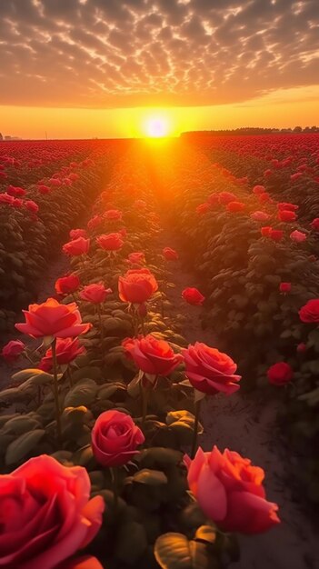 arafed field of red roses with the sun setting in the background generative ai