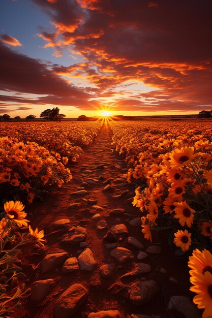 太陽の花の畑で背景に夕日が描かれています