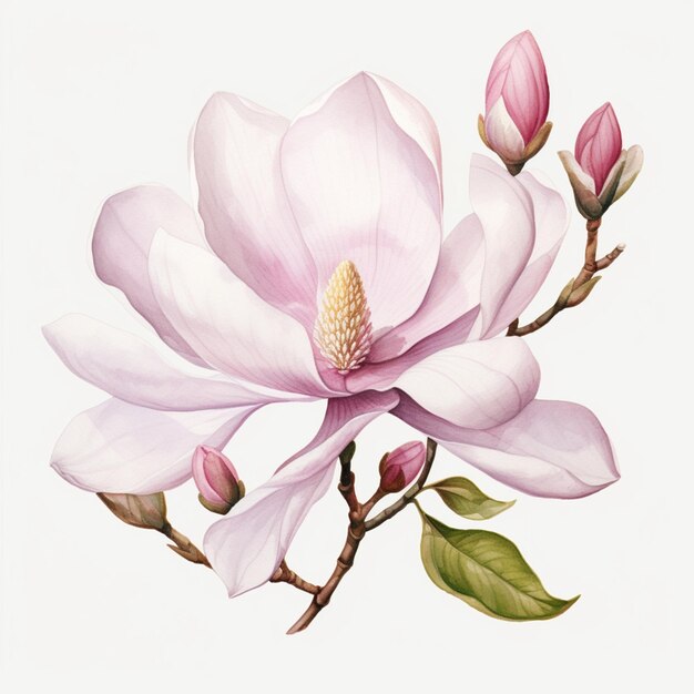 Foto fiore arafed con petali rosa e foglie verdi su uno sfondo bianco generativo ai