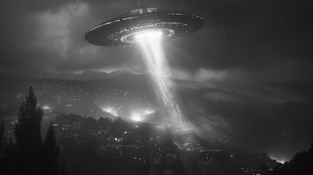 Летающая тарелка над городом ночью с световым лучом генеративной ай