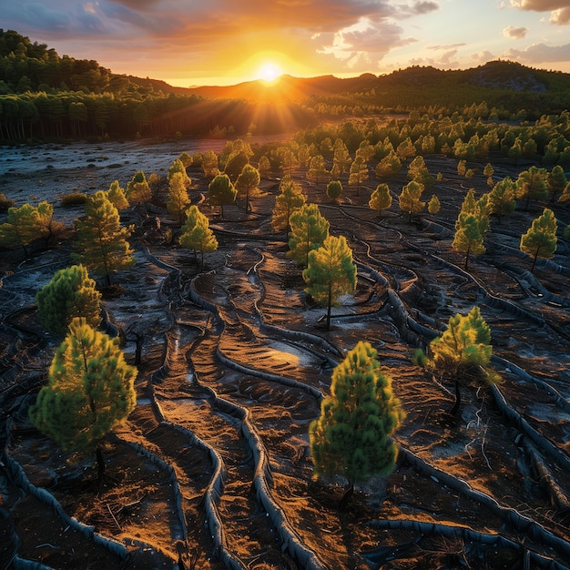 Arafed gebied met bomen en vuil met zonsondergang op de achtergrond generatieve ai