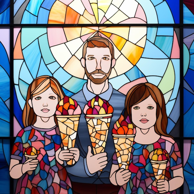 arafed gebrandschilderd glas beeld van drie mensen met ijsjes kegels generatieve ai