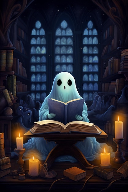 Photo arafed ghost reading a book in a dark room with candles generative ai