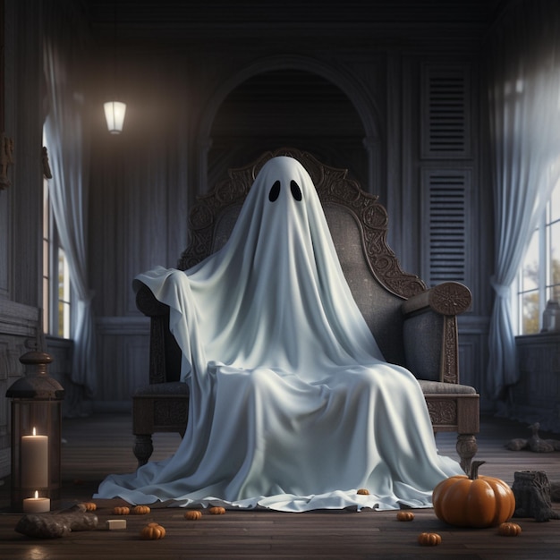 arafed ghost sitting on a chair with a blanket draped over it generative ai