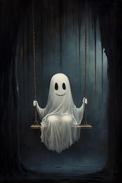 Photo arafed ghost sitting on a swing in a dark forest generative ai