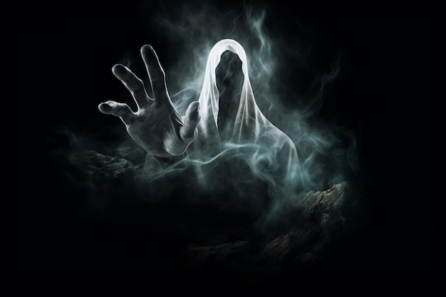 Arafed ghost with hands up in the air in a dark room generative ai